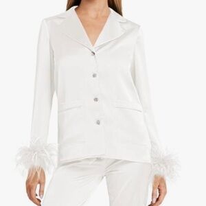 Feather-Trim Satin Pajama Set - White